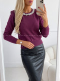 Úpletový sveter s kamienkami burgundy AB 850