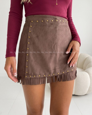 Jelenicová skort sukňa s cvokmi a strapcami hnedá AB 703
