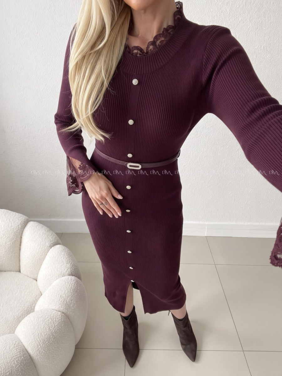 Úpletové midi šaty s krajkou Elly burgundy AB 859