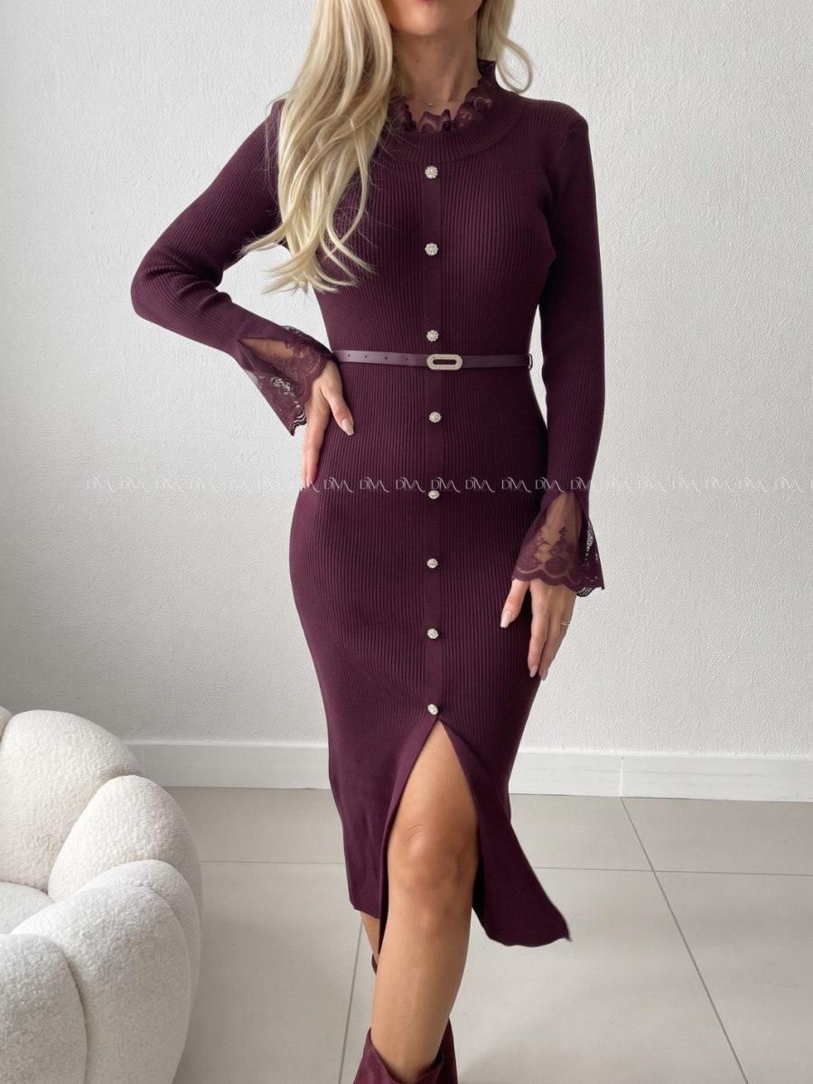 Úpletové midi šaty s krajkou Elly burgundy AB 859