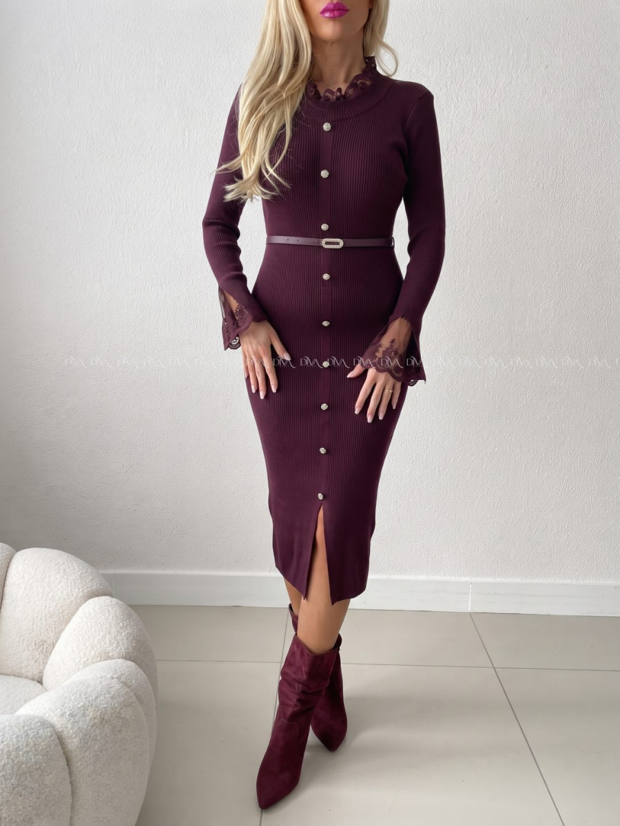 Úpletové midi šaty s krajkou Elly burgundy AB 859