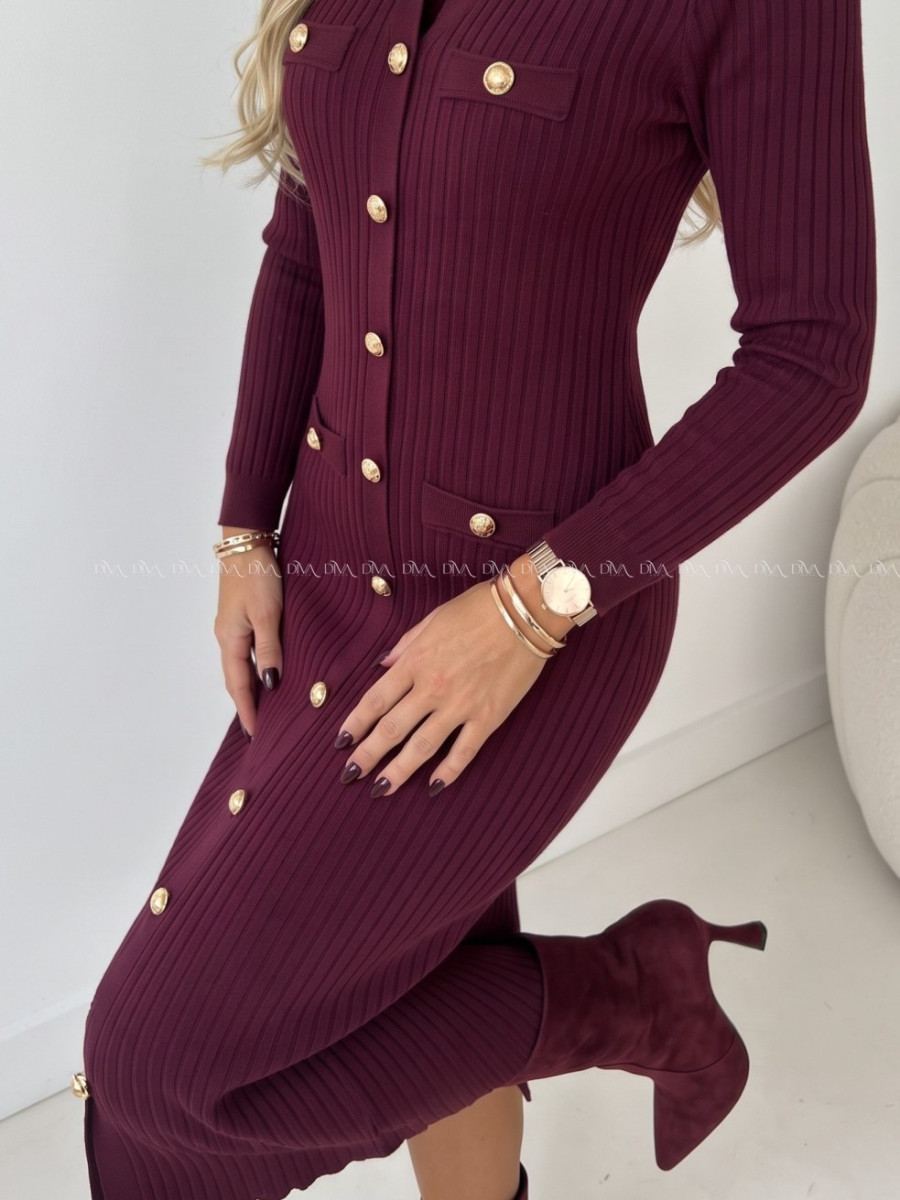 Úpletové midi šaty so zlatými gombíkmi Rouri burgundy AB 856