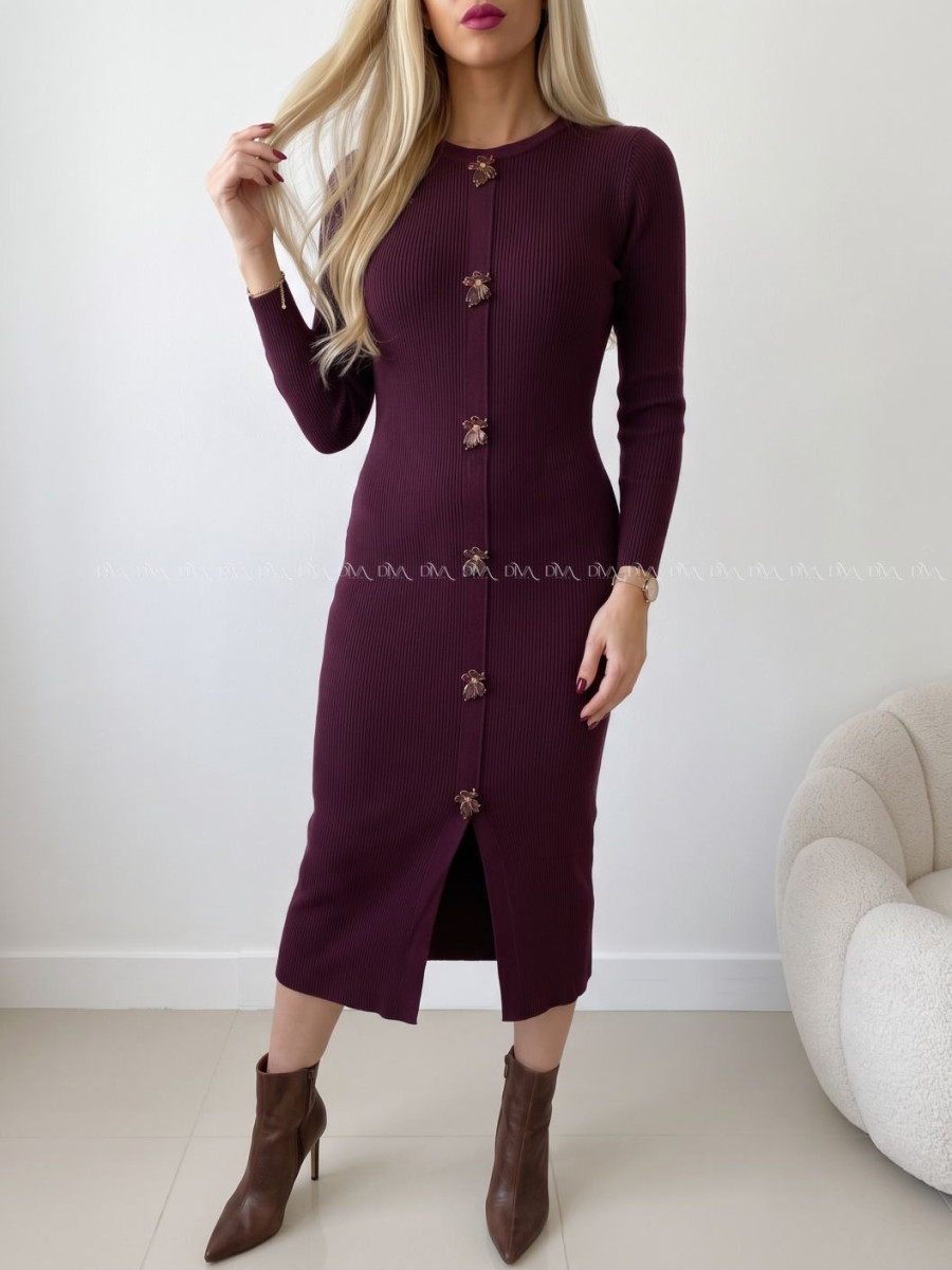 Úpletové midi šaty s ozdobnými gombíkmi flowers burgundy AB 820