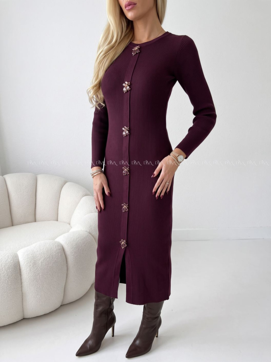 Úpletové midi šaty s ozdobnými gombíkmi flowers burgundy AB 820