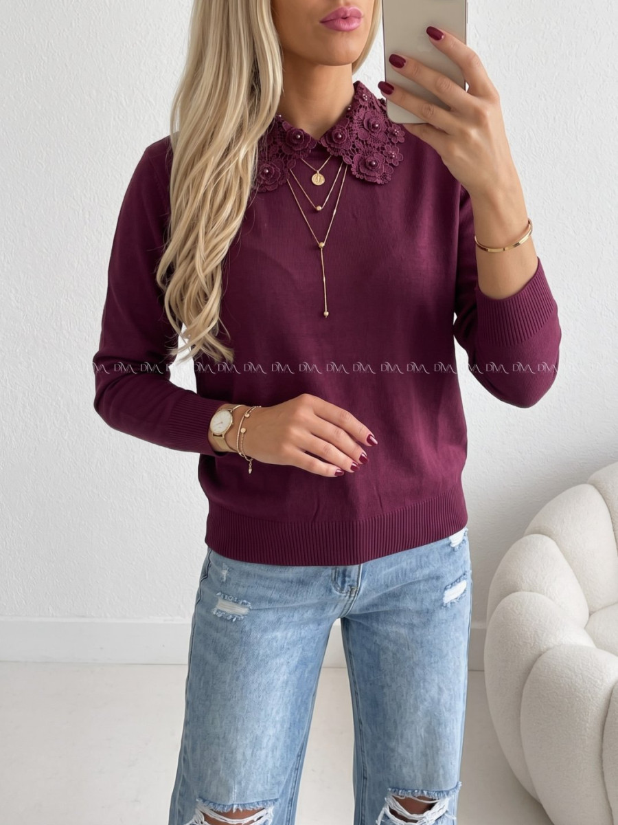 Sveter s ozdobným golierom burgundy AB 841