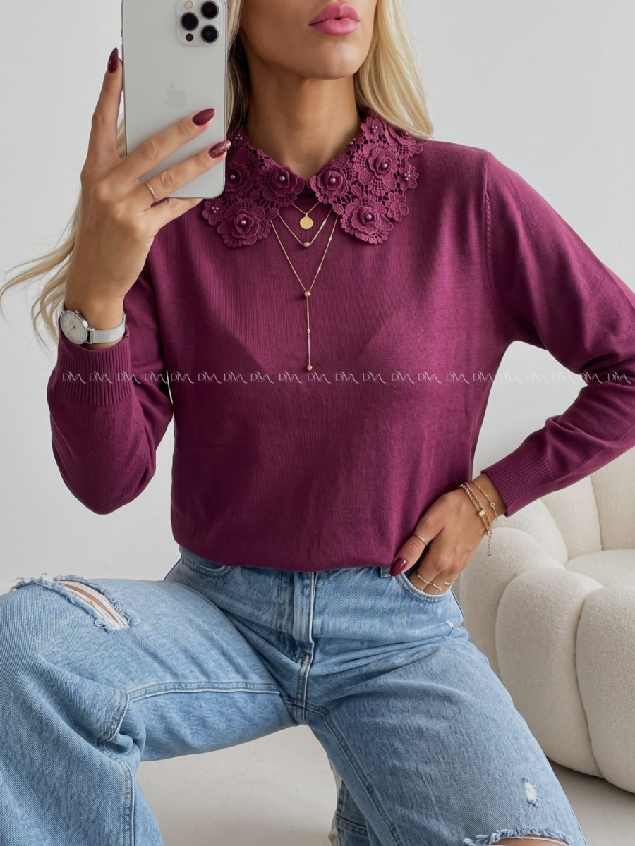 Sveter s ozdobným golierom burgundy AB 841