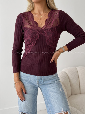 Úpletový top s krajkou burgundy AB 946