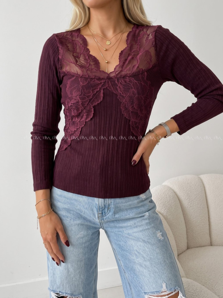 Úpletový top s krajkou burgundy AB 946