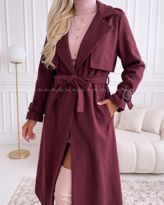 Midi prechodný kabát s opaskom burgundy AB 901