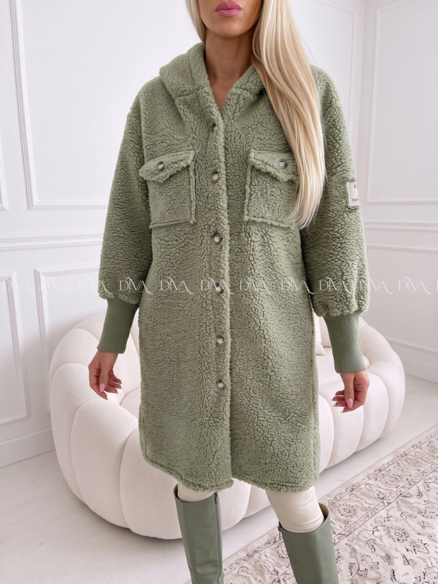 Midi bouclé kabátik khaki zelený AB 666 Midi bouclé kabátik khaki zelený AB 666