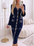 Úpletové midi šaty s gombíkmi a volánmi na rukách navy blue AA 66