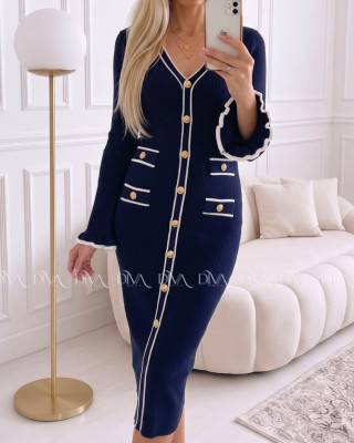 Úpletové midi šaty s gombíkmi a volánmi na rukách navy blue AA 66