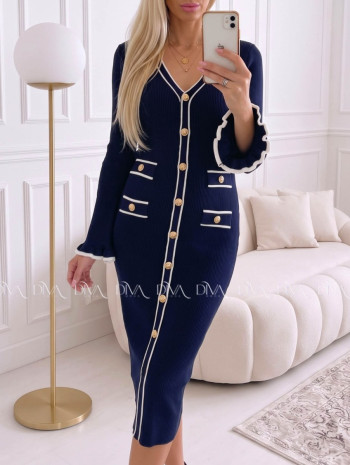 Úpletové midi šaty s gombíkmi a volánmi na rukách navy blue AA 66 Úpletové midi šaty s gombíkmi a volánmi na rukách navy blue AA 66