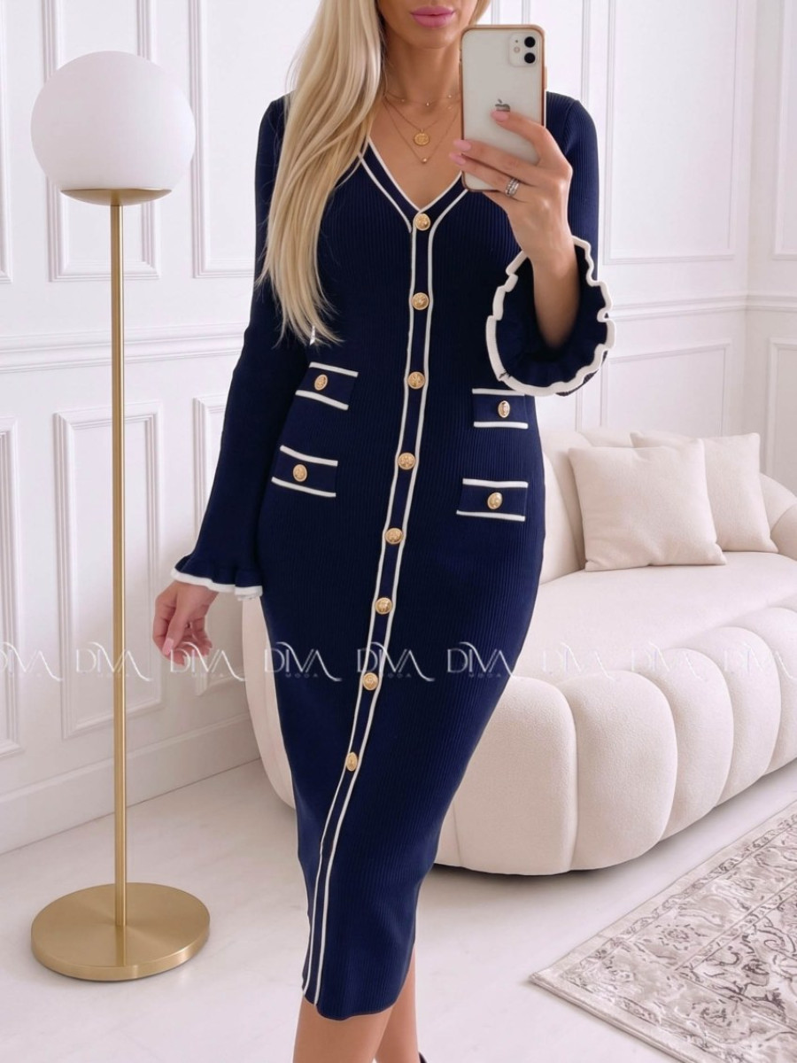 Úpletové midi šaty s gombíkmi a volánmi na rukách navy blue AA 66