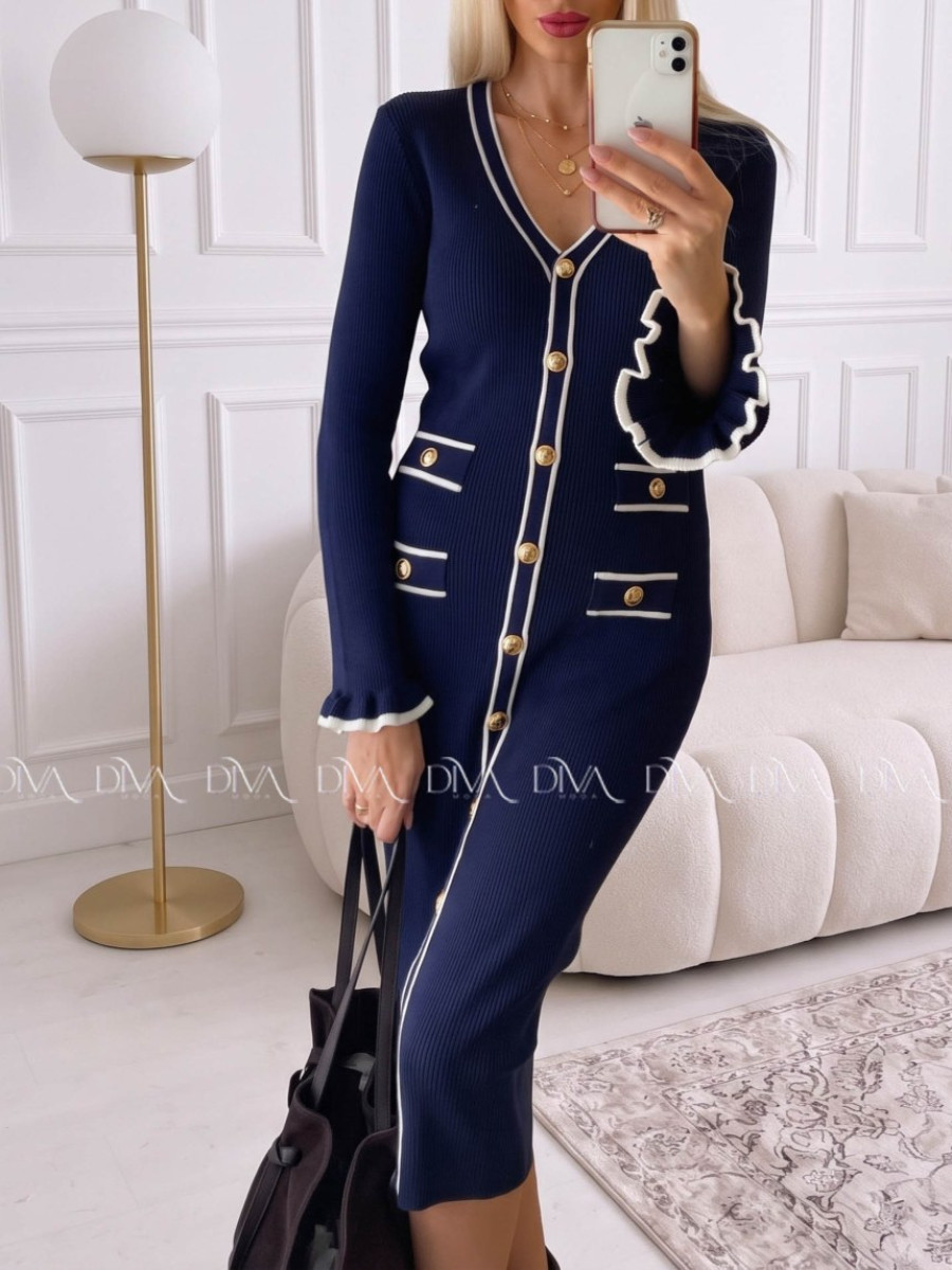 Úpletové midi šaty s gombíkmi a volánmi na rukách navy blue AA 66