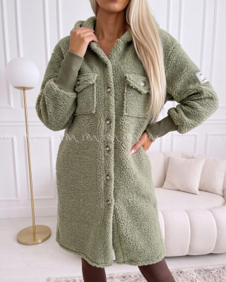 Midi bouclé kabátik khaki zelený AB 666