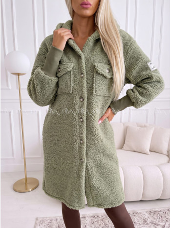 Midi bouclé kabátik khaki zelený AB 666