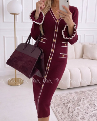 Úpletové midi šaty s gombíkmi a volánmi na rukách burgundy AA 66