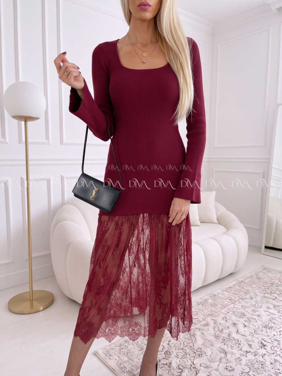 Úpletové maxi šaty s krajkovanou sukňou burgundy AA 119