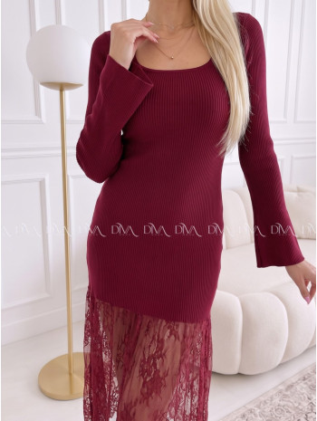 Úpletové maxi šaty s krajkovanou sukňou burgundy AA 119