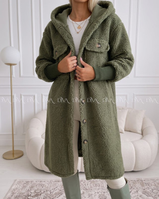Midi bouclé kabátik khaki zelený AB 666