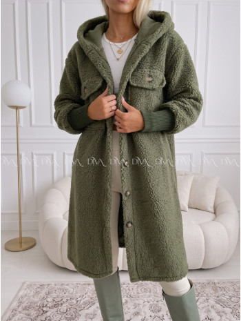 Midi bouclé kabátik khaki zelený AB 666