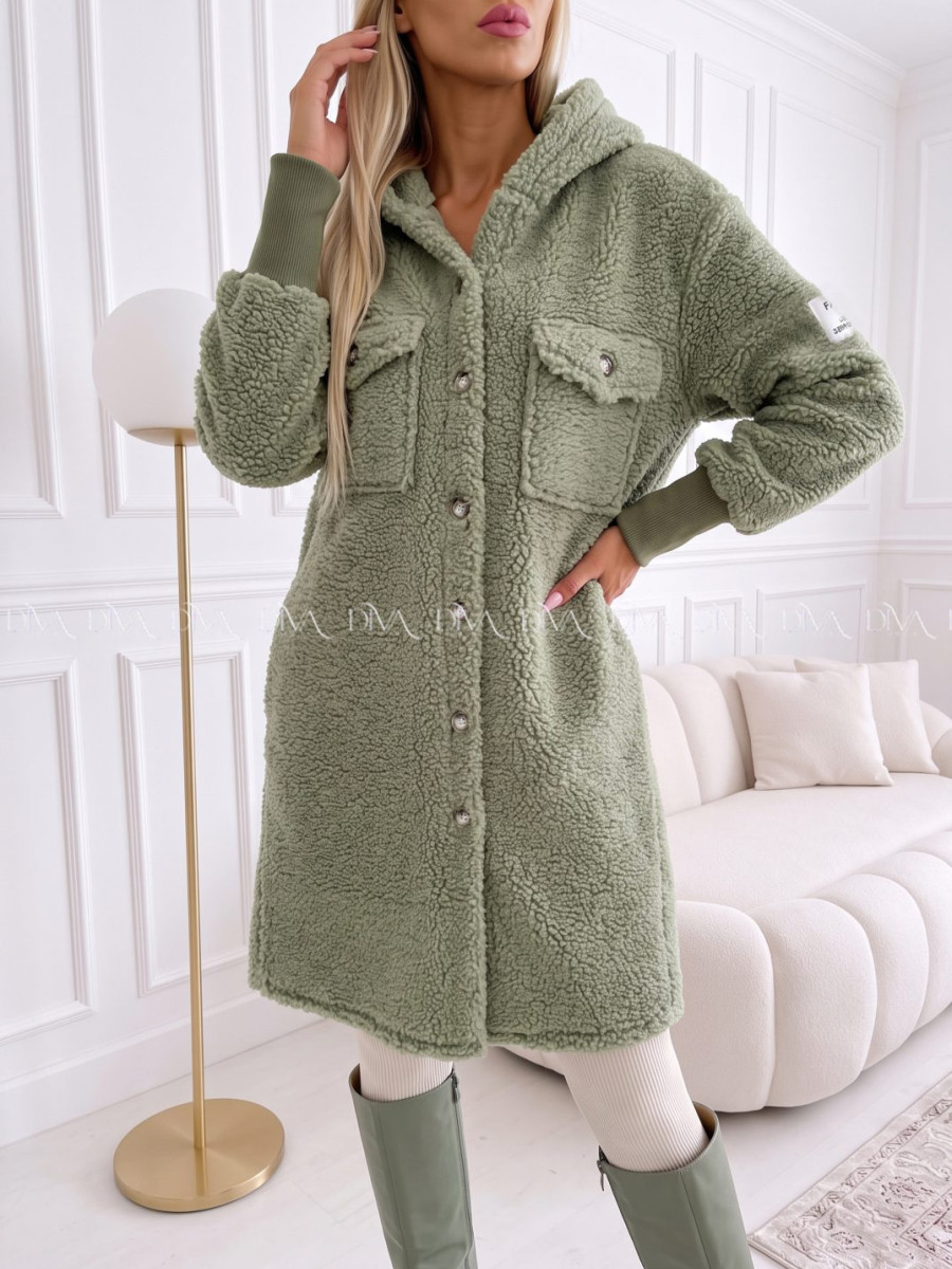 Midi bouclé kabátik khaki zelený AB 666 Midi bouclé kabátik khaki zelený AB 666