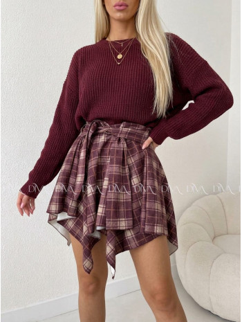 Asymetrická krátka karo sukňa burgundy AB 579