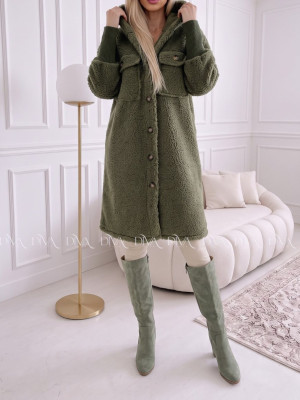 Midi bouclé kabátik khaki zelený AB 666