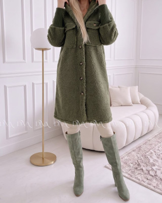 Midi bouclé kabátik khaki zelený AB 666