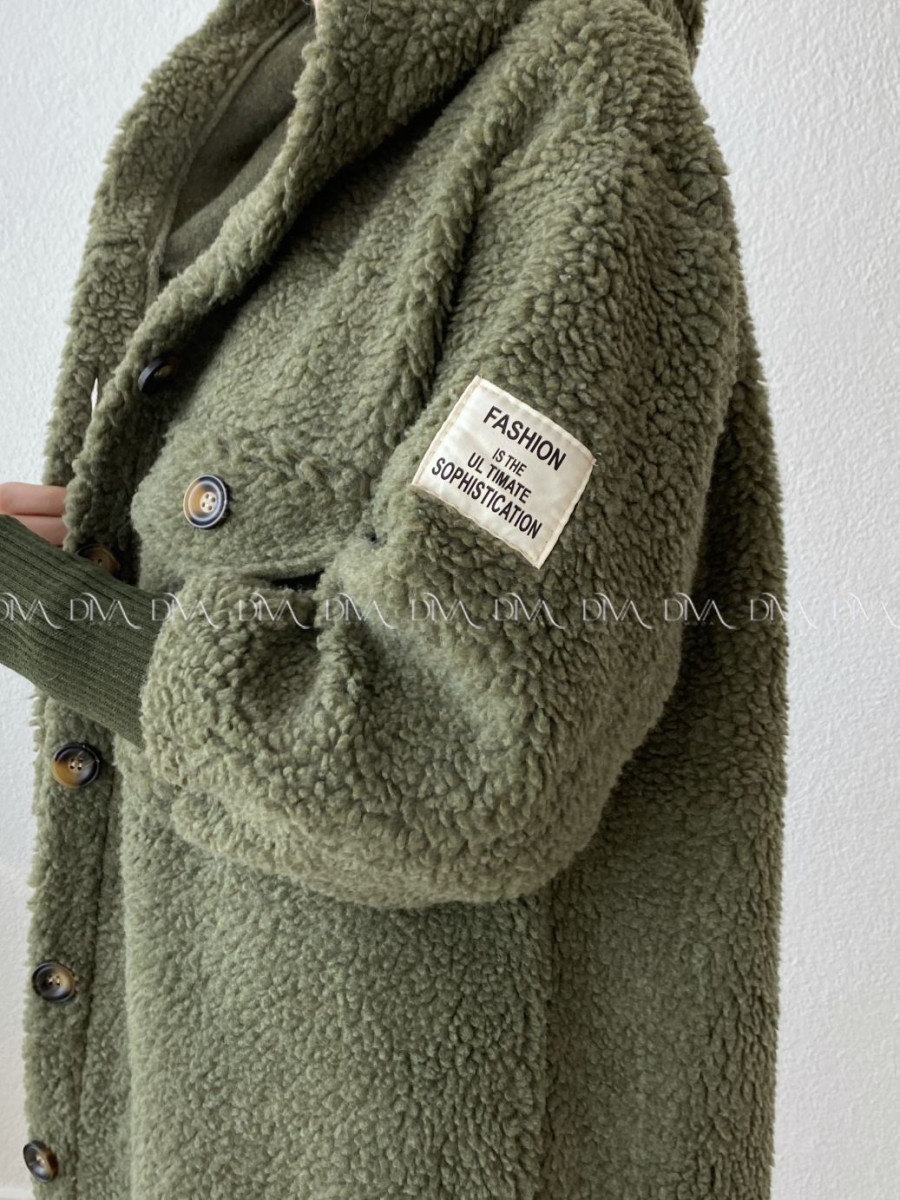 Midi bouclé kabátik khaki zelený AB 666 Midi bouclé kabátik khaki zelený AB 666