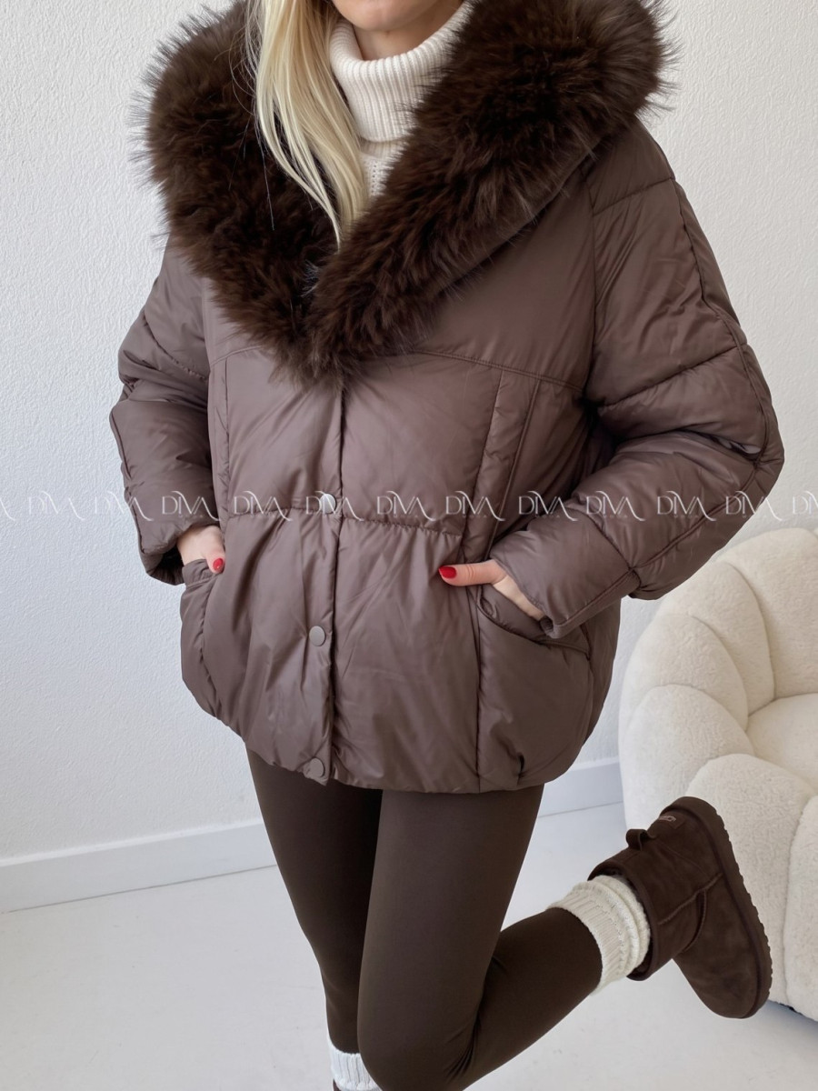 Zimná oversize bunda s kožušinou čokoládová A 211