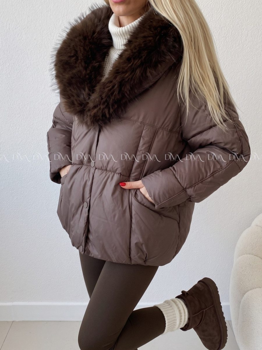 Zimná oversize bunda s kožušinou čokoládová A 211