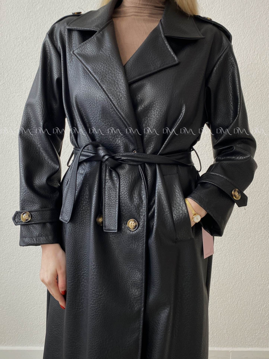 Eko koženkový trench coat čierny AB 543 Eko koženkový trench coat čierny AB 543