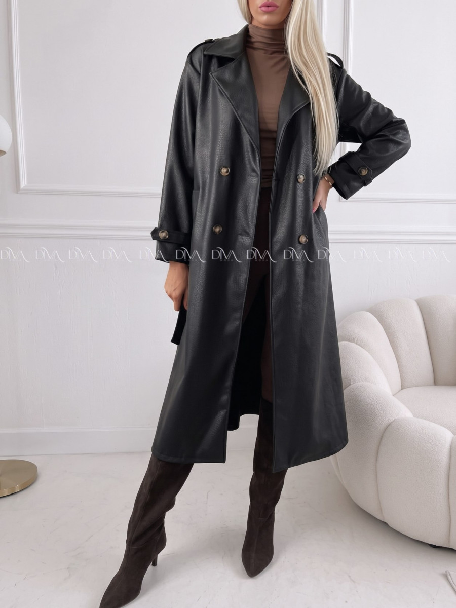 Eko koženkový trench coat čierny AB 543 Eko koženkový trench coat čierny AB 543