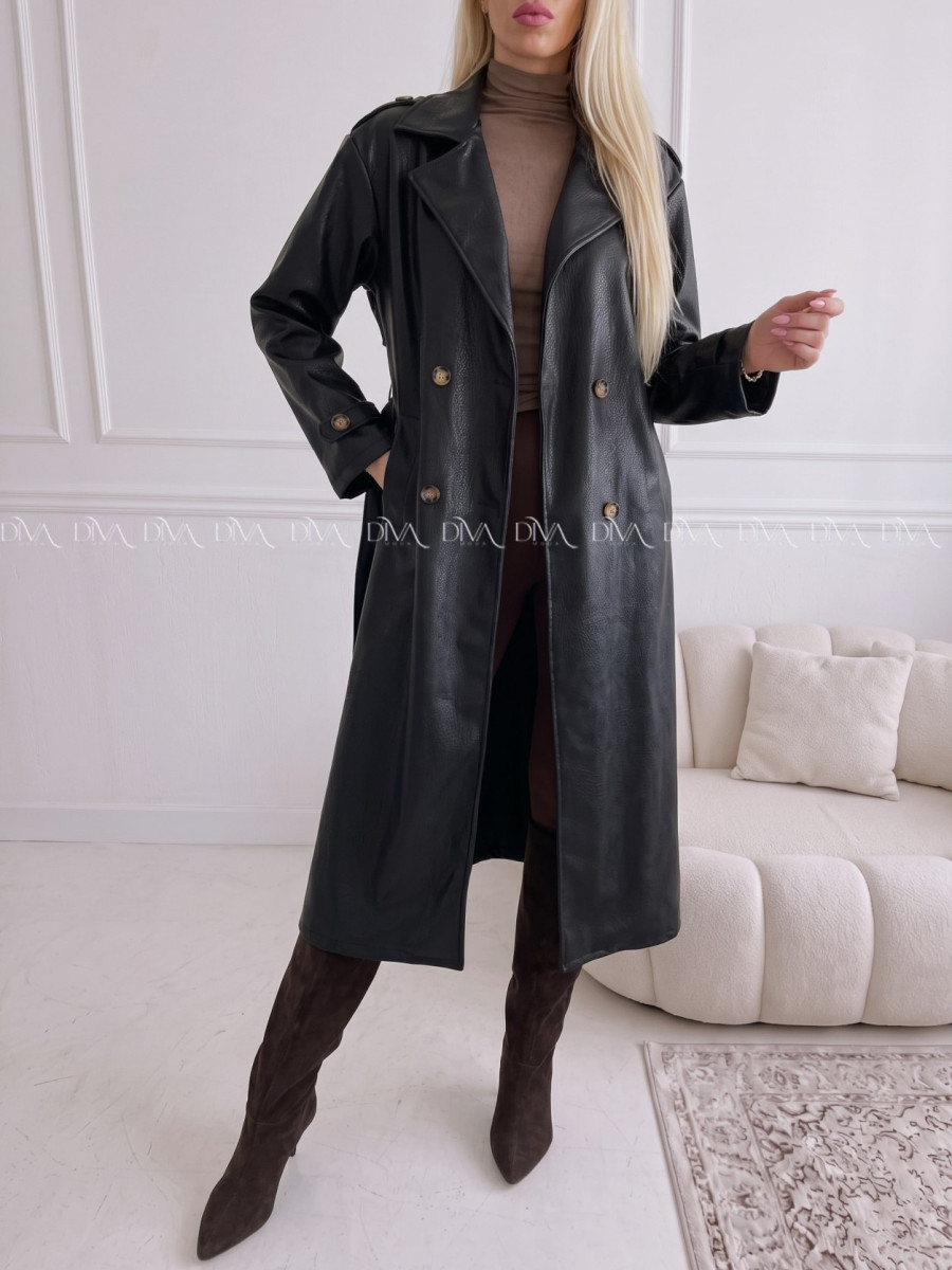 Eko koženkový trench coat čierny AB 543 Eko koženkový trench coat čierny AB 543
