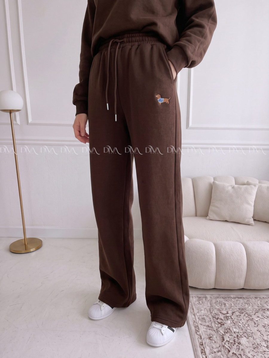 Zateplené tepláky dog wide leg čokoládové AB 333