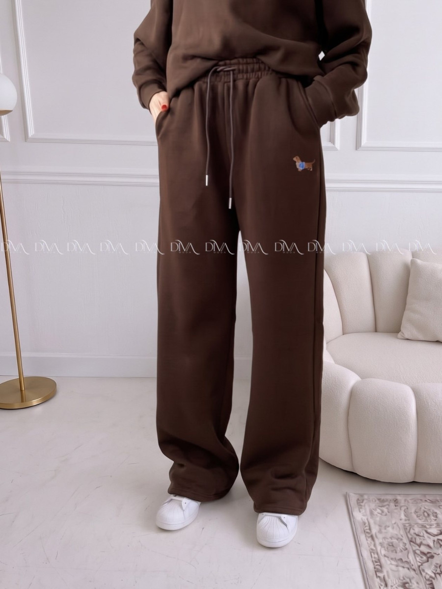 Zateplené tepláky dog wide leg čokoládové AB 333