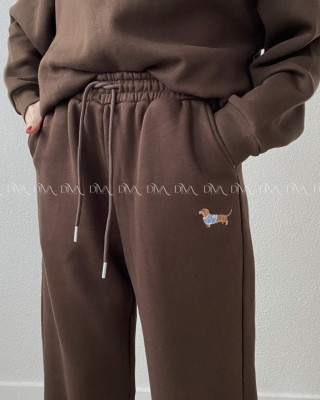Zateplené tepláky dog wide leg čokoládové AB 333