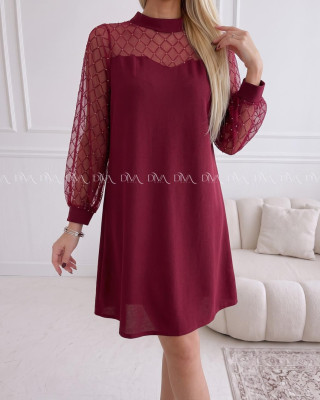 Šaty so sieťovanými rukávmi a trblietkami burgundy AA 185