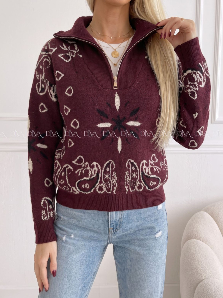 Sveter so vzorom a zipsom burgundy AB 901 Sveter so vzorom a zipsom burgundy AB 901